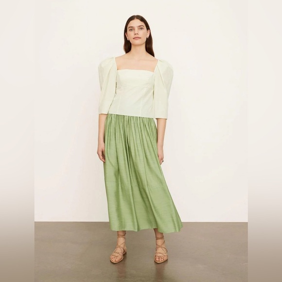 NWOT Vince Draped Square Neck Cotton Top with Puff Sleeves in Honeydew - Picture 8 of 14